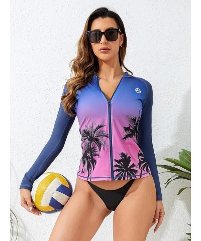 Women's Long Sleeve Rash Guard UV Sun Protection Zipper Gradient Swimsuit Top Standard Coconut Tree Navy Purple $20.34 Swimsuits