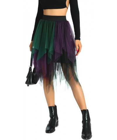 Women Tutu Tulle Skirt Elastic High Waist Layered Skirt Floral Print Mesh A-Line Midi Skirt Irregular 2 Purple Green Black $1...