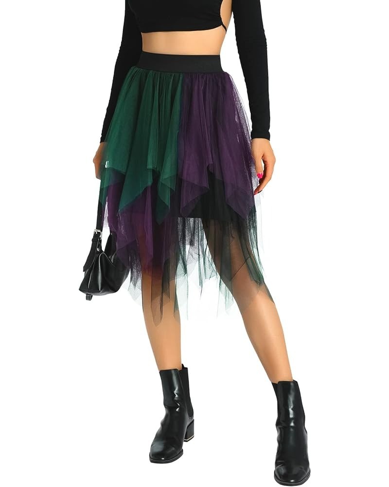 Women Tutu Tulle Skirt Elastic High Waist Layered Skirt Floral Print Mesh A-Line Midi Skirt Irregular 2 Purple Green Black $1...