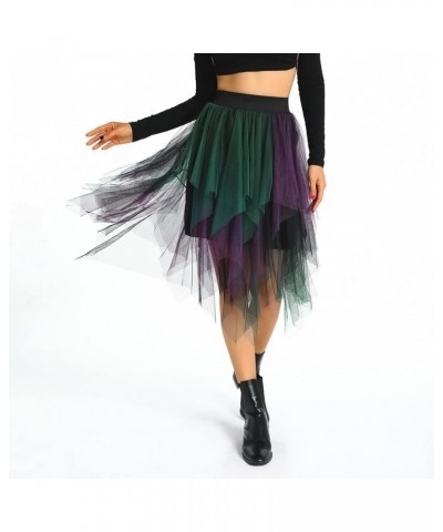 Women Tutu Tulle Skirt Elastic High Waist Layered Skirt Floral Print Mesh A-Line Midi Skirt Irregular 2 Purple Green Black $1...