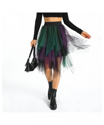 Women Tutu Tulle Skirt Elastic High Waist Layered Skirt Floral Print Mesh A-Line Midi Skirt Irregular 2 Purple Green Black $1...