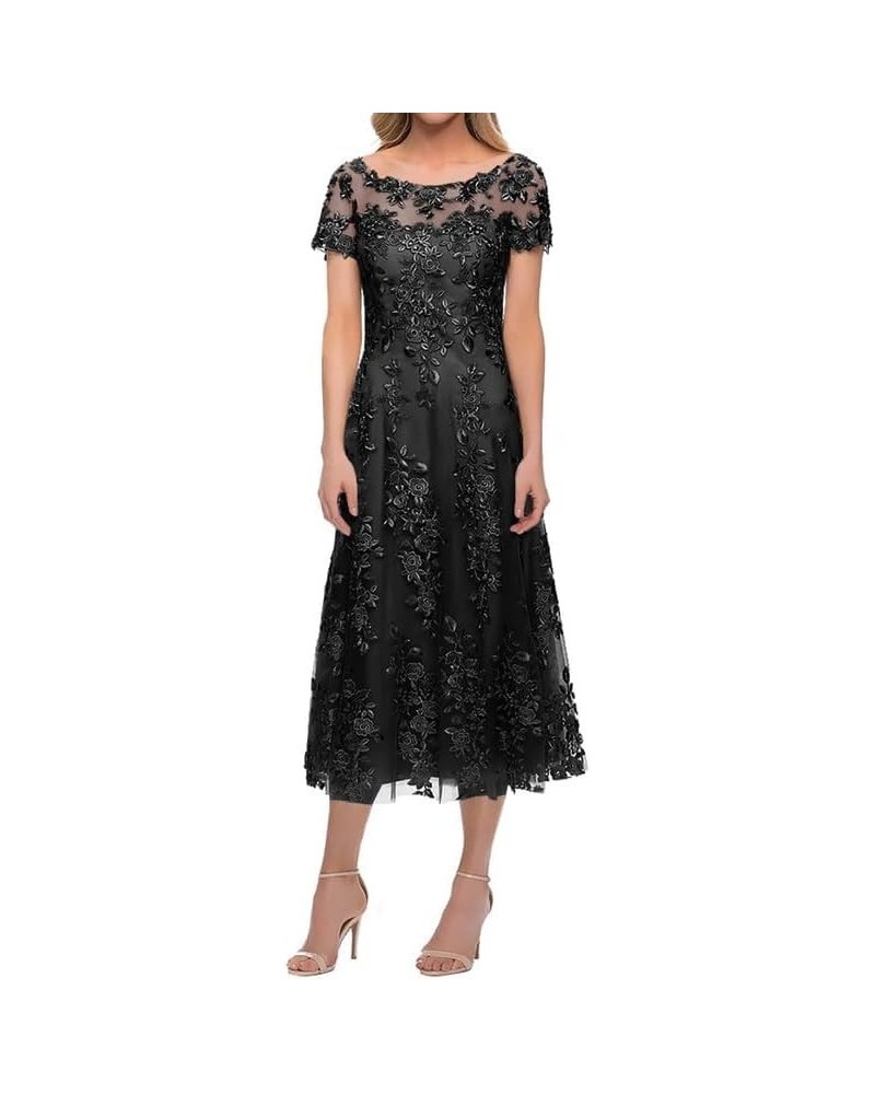 Lace Appliques Mother of The Bride Dresses Illusion Tulle Short Sleeve Formal Evening Gown Scoop Mother of The Groom Dresses ...