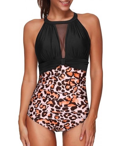 Women One Piece Swimsuit High Neck Tummy Control Bathing Suits Halter Mesh Swim Suit Swimwear Leopard Black $16.80 Swimsuits