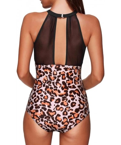 Women One Piece Swimsuit High Neck Tummy Control Bathing Suits Halter Mesh Swim Suit Swimwear Leopard Black $16.80 Swimsuits