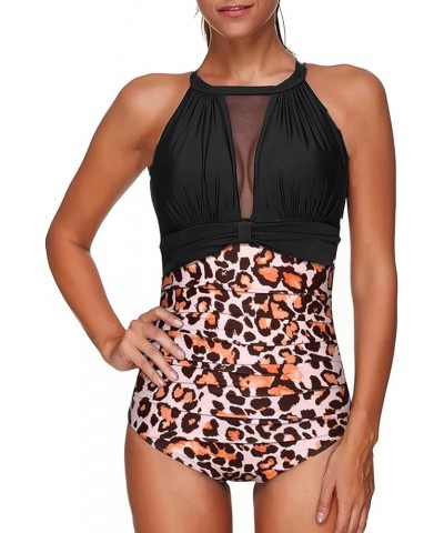 Women One Piece Swimsuit High Neck Tummy Control Bathing Suits Halter Mesh Swim Suit Swimwear Leopard Black $16.80 Swimsuits