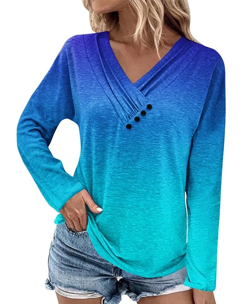 Womens Tops Button Long Sleeve Shirt Oversized Tshirts Cute Blouse Dressy Casual Basic Tees Loose Fit Tunic C-blue $11.59 Tops