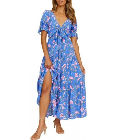 Womens Summer Dresses Vintage Boho Maxi Dress Long Sleeve Beach Long Dress Bohemian Floral Maxi Dress Tiered Sundresses Zblue...