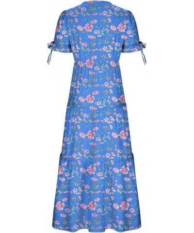 Womens Summer Dresses Vintage Boho Maxi Dress Long Sleeve Beach Long Dress Bohemian Floral Maxi Dress Tiered Sundresses Zblue...