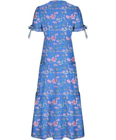 Womens Summer Dresses Vintage Boho Maxi Dress Long Sleeve Beach Long Dress Bohemian Floral Maxi Dress Tiered Sundresses Zblue...