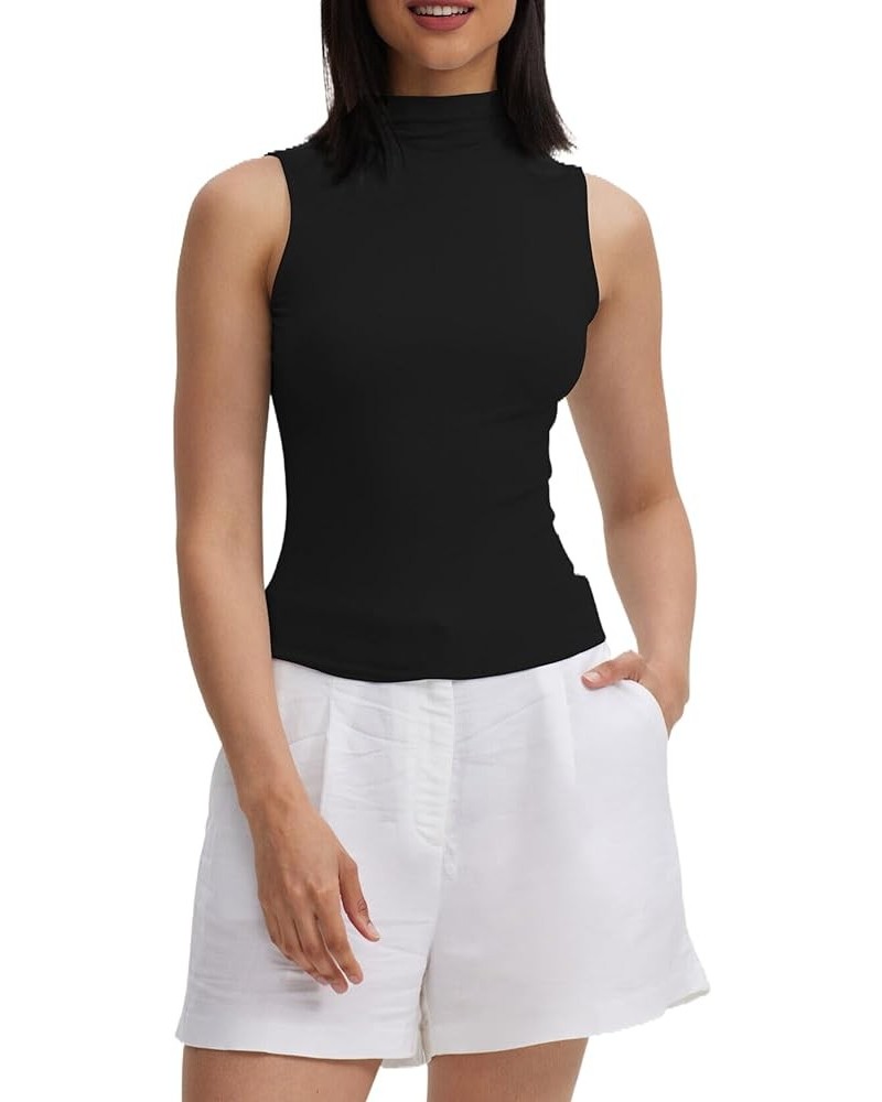 Women Sleeveless/Long Sleeve Mock Turtleneck Tank Tops Slim Fit Stretchy Layer Tee Shirts 50128 Cropped Black $11.99 Tanks