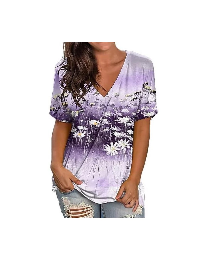 Womens 2023 Summer Casual T-Shirts V-Neck Petal Short Sleeve Tunic Tops Lightweight Loose Comfy Blouses Purple Daisy $8.60 Tops