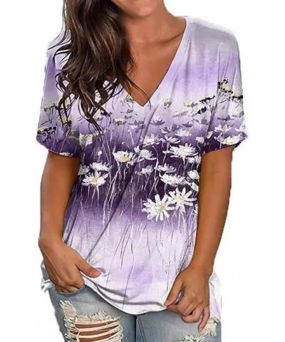 Womens 2023 Summer Casual T-Shirts V-Neck Petal Short Sleeve Tunic Tops Lightweight Loose Comfy Blouses Purple Daisy $8.60 Tops