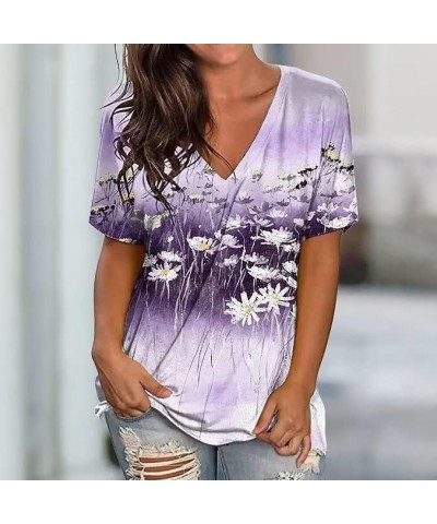 Womens 2023 Summer Casual T-Shirts V-Neck Petal Short Sleeve Tunic Tops Lightweight Loose Comfy Blouses Purple Daisy $8.60 Tops