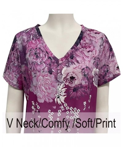 Womens 2023 Summer Casual T-Shirts V-Neck Petal Short Sleeve Tunic Tops Lightweight Loose Comfy Blouses Purple Daisy $8.60 Tops