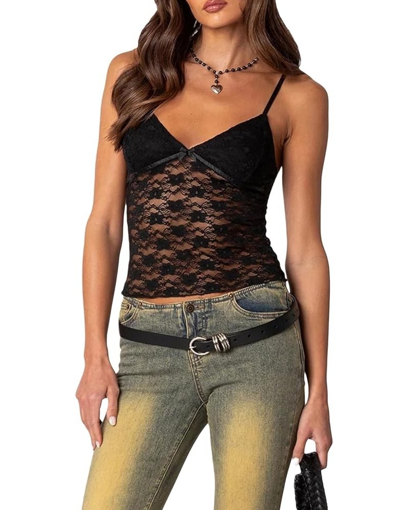 Y2k Going Out Tops Women Sexy Sleeveless Backless Mesh Sheer Crop Lace Camisole Square Neck Low Cut Tank Streetwear Black Pat...