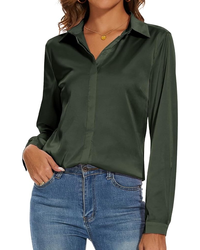 Women's Silk Blouse Long Sleeve Lady Shirt Casual Office Work Blouse Shirt Tops Olive Green $10.25 Blouses