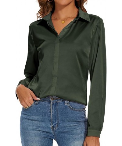 Women's Silk Blouse Long Sleeve Lady Shirt Casual Office Work Blouse Shirt Tops Olive Green $10.25 Blouses