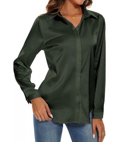 Women's Silk Blouse Long Sleeve Lady Shirt Casual Office Work Blouse Shirt Tops Olive Green $10.25 Blouses