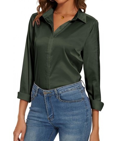 Women's Silk Blouse Long Sleeve Lady Shirt Casual Office Work Blouse Shirt Tops Olive Green $10.25 Blouses