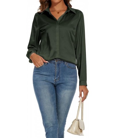 Women's Silk Blouse Long Sleeve Lady Shirt Casual Office Work Blouse Shirt Tops Olive Green $10.25 Blouses