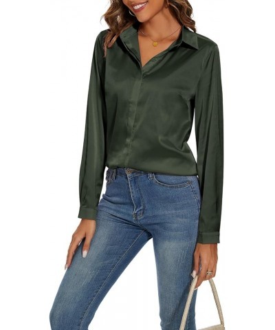 Women's Silk Blouse Long Sleeve Lady Shirt Casual Office Work Blouse Shirt Tops Olive Green $10.25 Blouses