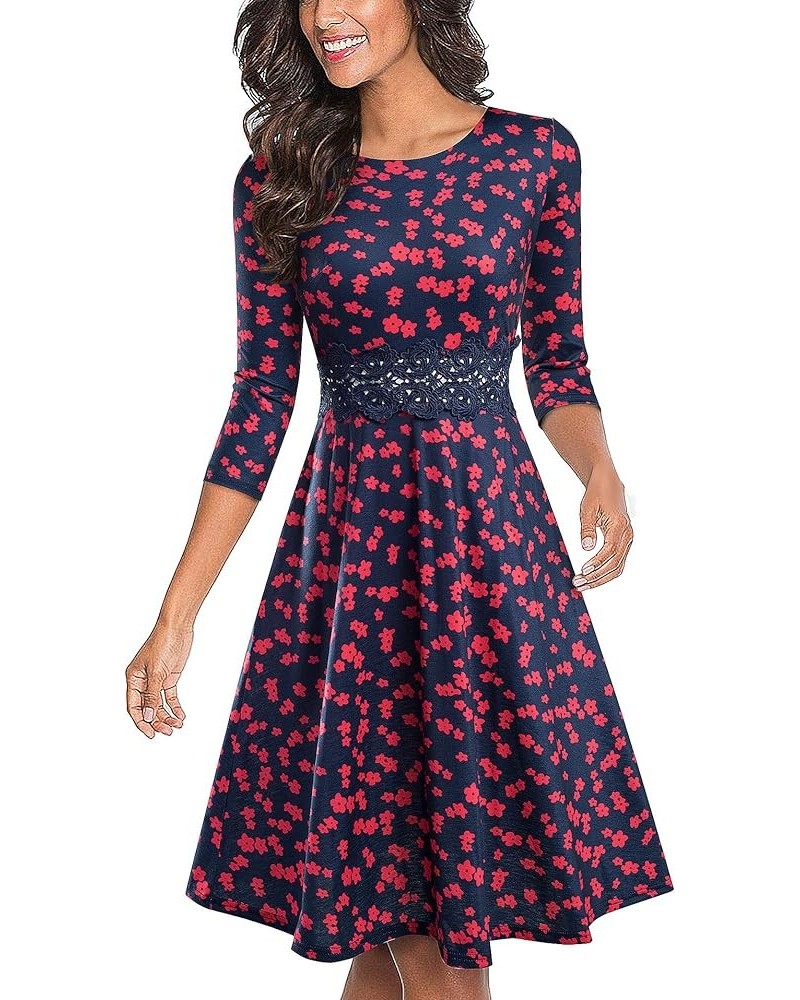 Women's Cocktail A-Line Embroidery Casual Party Summer Wedding Guest Dress A079 Dark Blue+red Floral - 3/4 Sleeves $15.58 Dre...