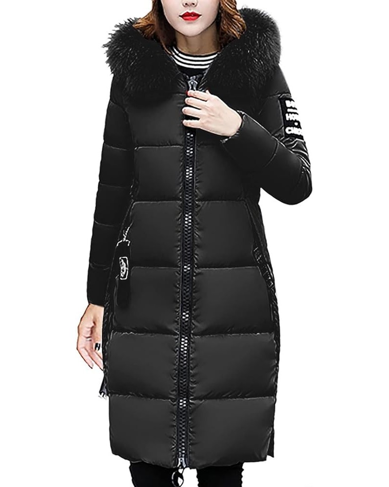 Women's Hooded Thickened Long Jacket Winter Puffer Coat Full Zip Up Faux Fur Collar Outerwear Hoodie with Pocket Black $21.27...