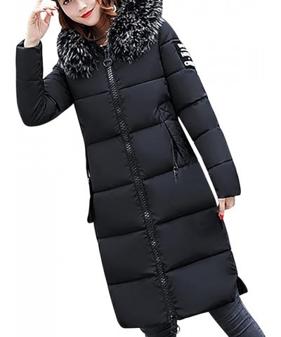 Women's Hooded Thickened Long Jacket Winter Puffer Coat Full Zip Up Faux Fur Collar Outerwear Hoodie with Pocket Black $21.27...