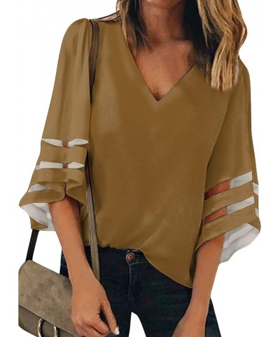 Women's Business Casual Tops 3/4 Bell Sleeve V Neck Lace Patchwork Blouse Loose Shirt Brown $9.24 Tops