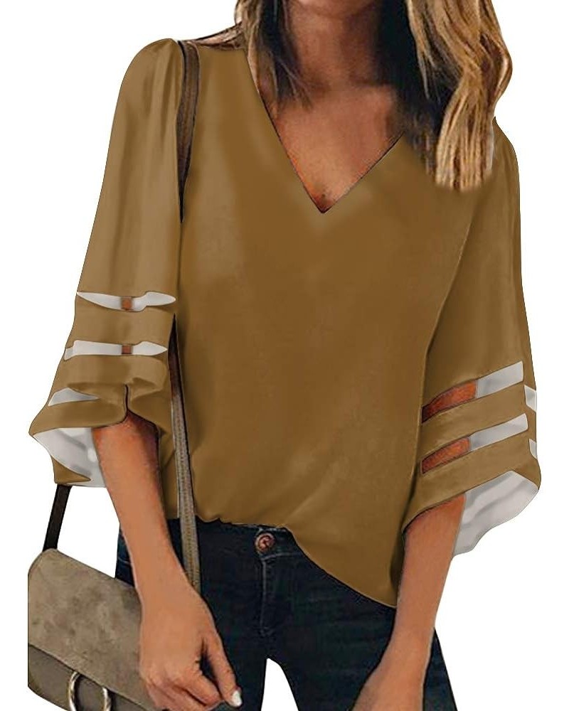 Women's Business Casual Tops 3/4 Bell Sleeve V Neck Lace Patchwork Blouse Loose Shirt Brown $9.24 Tops