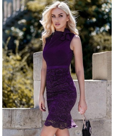 Women's Retro Half Collar Contrast Floral Lace Cocktail Party Dress Purple $18.19 Dresses