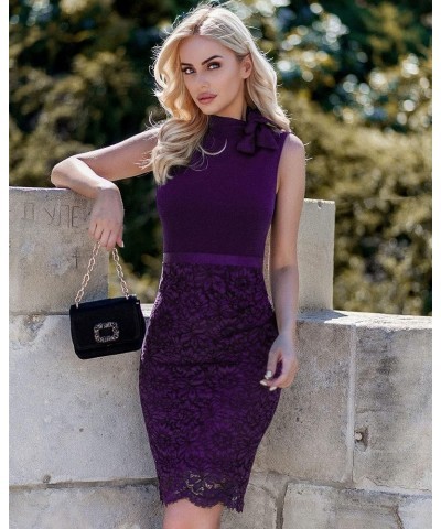 Women's Retro Half Collar Contrast Floral Lace Cocktail Party Dress Purple $18.19 Dresses