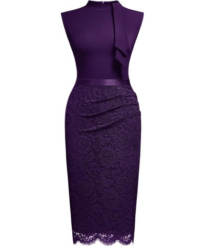 Women's Retro Half Collar Contrast Floral Lace Cocktail Party Dress Purple $18.19 Dresses