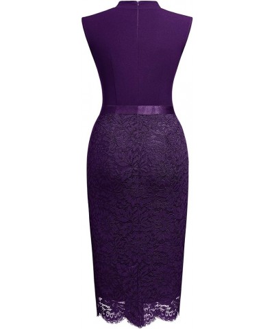 Women's Retro Half Collar Contrast Floral Lace Cocktail Party Dress Purple $18.19 Dresses