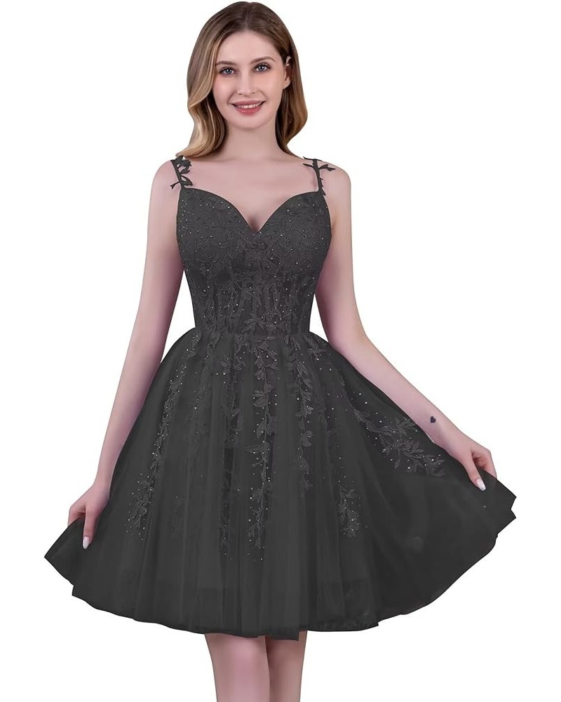 Tulle Homecoming Dresses for Teens Lace Short Prom Dress Spaghetti Straps Appliques Mini Cocktail Party Gowns Black $32.39 Dr...