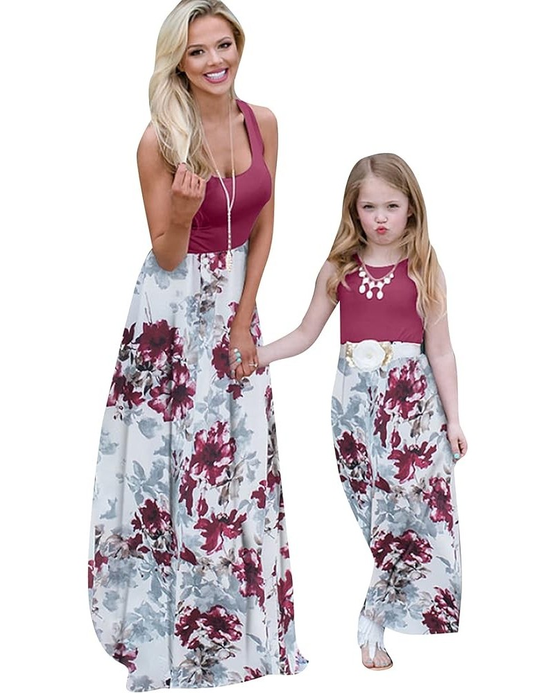 Mommy and Me Matching Maxi Dresses Sleeveless Floral Printed Family Matching Outfits Wine Red Flower $13.19 Dresses