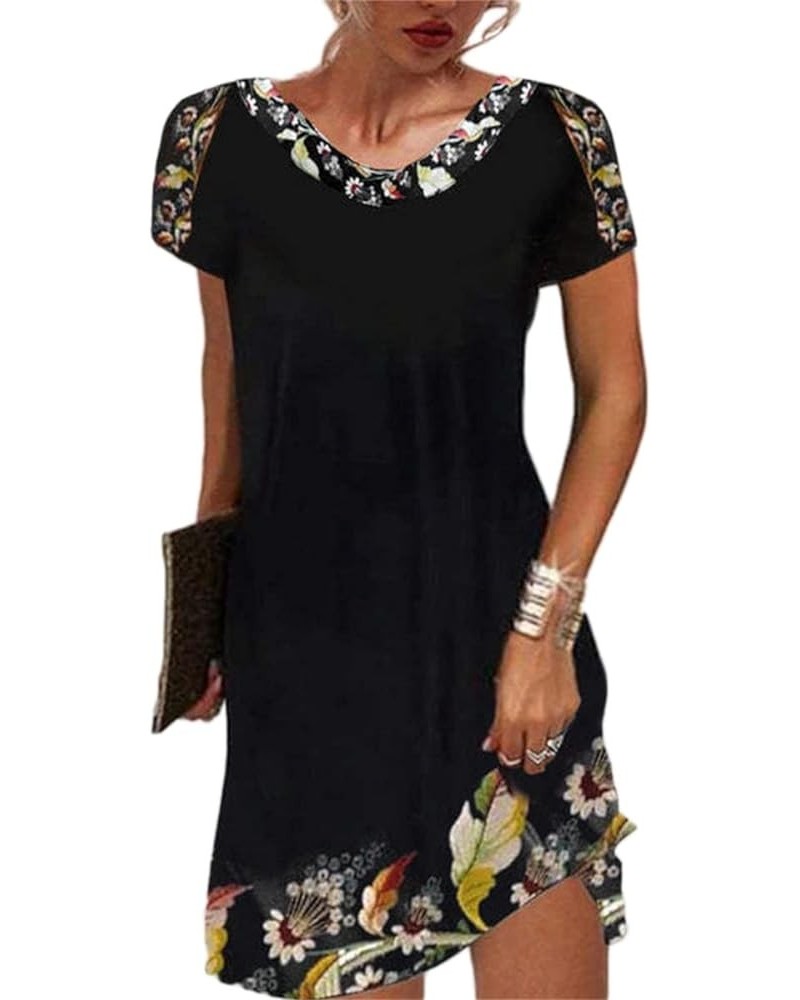 Women's Round Neck Short Sleeve Mexican Dress Floral Embroidered Tshirt Dress Ethnic Boho Midi Dresses Black4 $15.95 Dresses