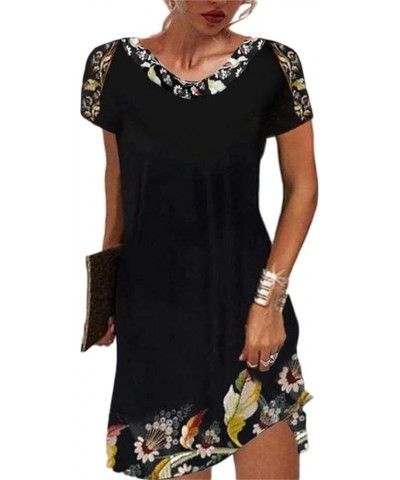 Women's Round Neck Short Sleeve Mexican Dress Floral Embroidered Tshirt Dress Ethnic Boho Midi Dresses Black4 $15.95 Dresses