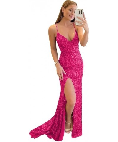 Spaghetti Straps Prom Dress V Neck Mermaid Formal Evening Dresses with Slit Sparkly Sequin Party Dress for Women Hot Pink $25...