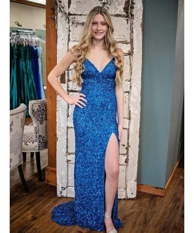 Spaghetti Straps Prom Dress V Neck Mermaid Formal Evening Dresses with Slit Sparkly Sequin Party Dress for Women Hot Pink $25...