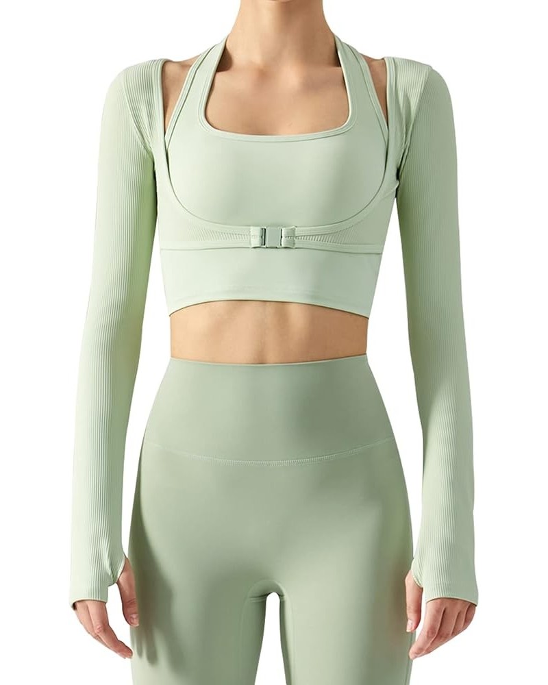 Women's Stretch Cutout Yoga Sports Jacket Long Sleeve Crop Top T Shirts with Thumb Holes Green $17.39 Jackets