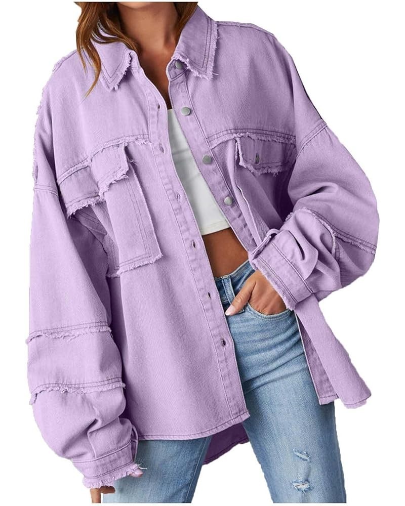 Womens Denim Jacket Western Plain Casual Fall Shacket Collar Button Down Loose Fit Denim Jacket for Women 2024 Z-381 Purple $...