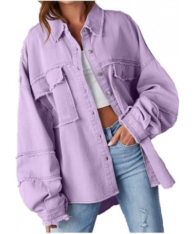 Womens Denim Jacket Western Plain Casual Fall Shacket Collar Button Down Loose Fit Denim Jacket for Women 2024 Z-381 Purple $...