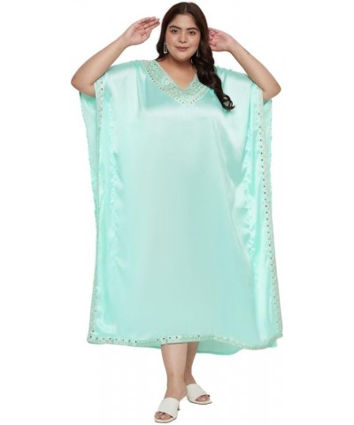 Caftans for Women Satin Silk Embroidery Long Kaftan Plus Size Beach Cover Ups Embroidered Embellished Maxi Dresses Ice Green ...