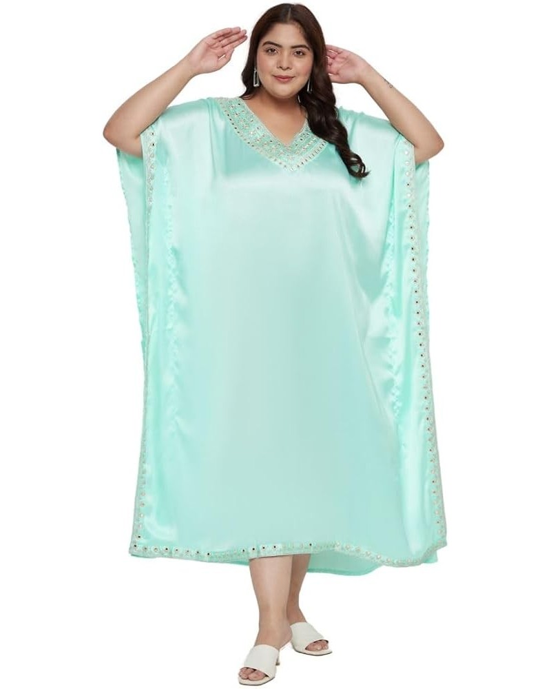 Caftans for Women Satin Silk Embroidery Long Kaftan Plus Size Beach Cover Ups Embroidered Embellished Maxi Dresses Ice Green ...