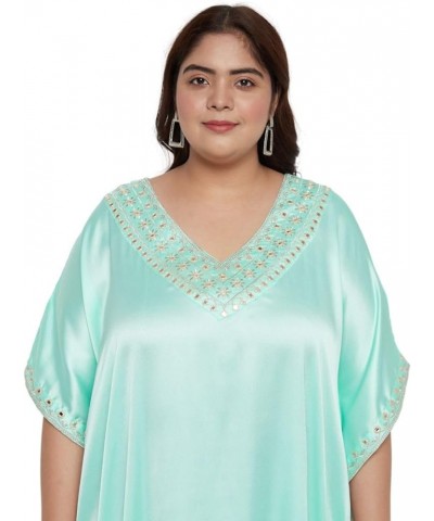 Caftans for Women Satin Silk Embroidery Long Kaftan Plus Size Beach Cover Ups Embroidered Embellished Maxi Dresses Ice Green ...