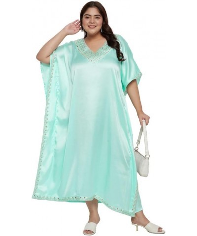 Caftans for Women Satin Silk Embroidery Long Kaftan Plus Size Beach Cover Ups Embroidered Embellished Maxi Dresses Ice Green ...