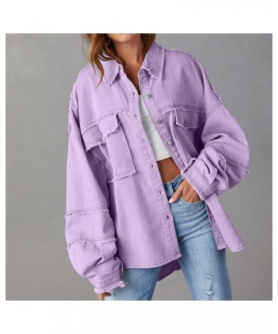 Womens Denim Jacket Western Plain Casual Fall Shacket Collar Button Down Loose Fit Denim Jacket for Women 2024 Z-381 Purple $...