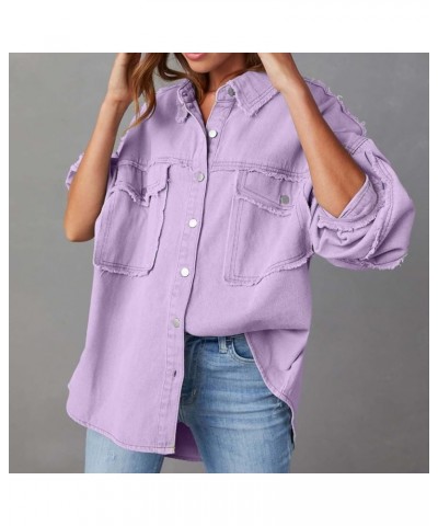 Womens Denim Jacket Western Plain Casual Fall Shacket Collar Button Down Loose Fit Denim Jacket for Women 2024 Z-381 Purple $...