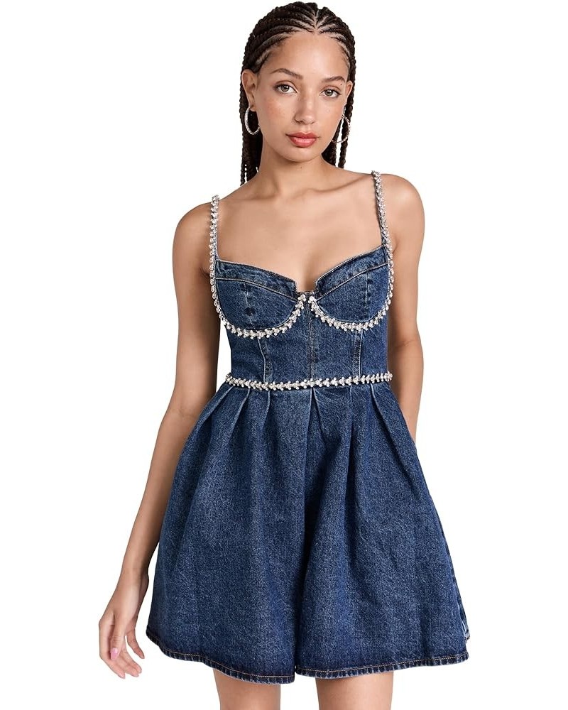 Women's Diamante Detail Denim Mini Dress Blue $145.25 Dresses